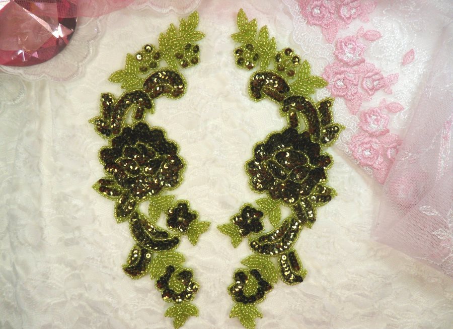 Sequin Appliques Olive Lime Green Beaded Rose Floral Mirror Pair 9.5 (0280X)