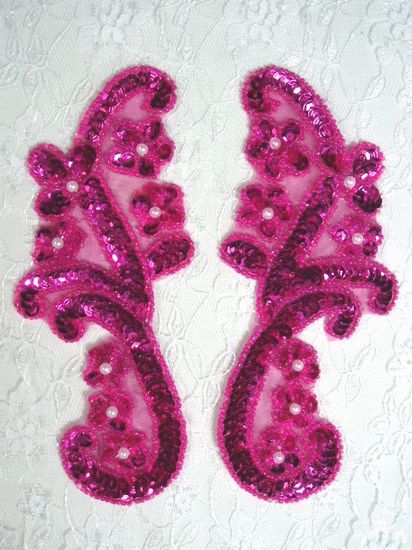 0282 Fuchsia Mirror Pair Sequin Pearl Beaded Appliques 6