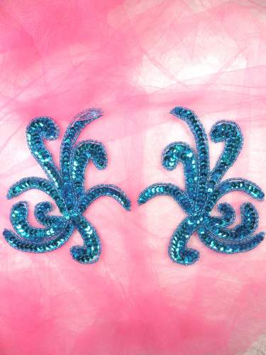 0298 Turquoise Octopus Swirl Mirror Pair Beaded Sequin Appliques 6