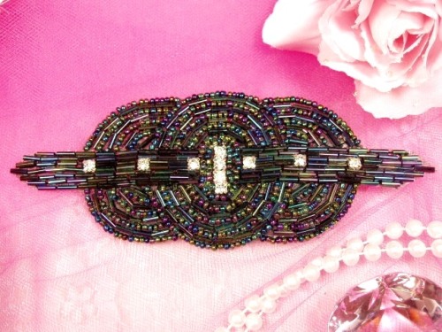 0409 Black AB Rhinestone Triple Circle Beaded Applique  5.75