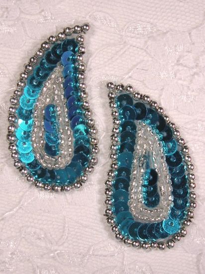 0345 Turquoise / Silver Paisley  Mirror Pair Sequin Beaded Applique 2\