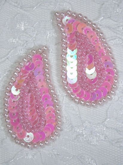 0345  Pink  Paisley Mirror Pair  Sequin Beaded Applique 2