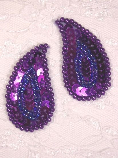 0345  Purple  Paisley  Mirror Pair Sequin Beaded Applique 2\