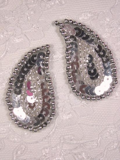 0345 Silver Paisley  Mirror Pair Sequin Beaded Applique 2