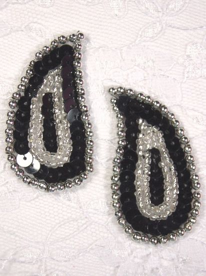 0345  Black / Silver Paisley  Mirror Pair  Sequin Beaded Applique 2