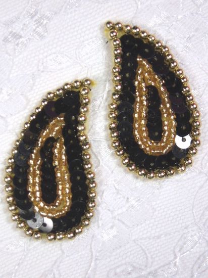 0345  Black / Gold Paisley Mirror Pair Sequin Beaded Applique 2