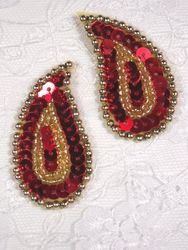 0345 Red / Gold Paisley Mirror Pair Sequin Beaded Applique 2" 0345 Red / Gold Paisley Mirror Pair Sequin Beaded Applique 2"