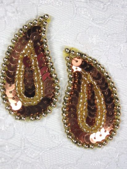 0345  Bronze / Gold Paisley  Mirror Pair Sequin Beaded Applique 2\