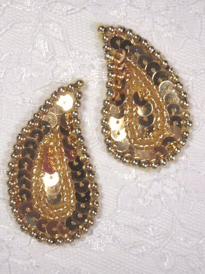 0345  Gold Paisley  Mirror Pair  Sequin Beaded Applique 2