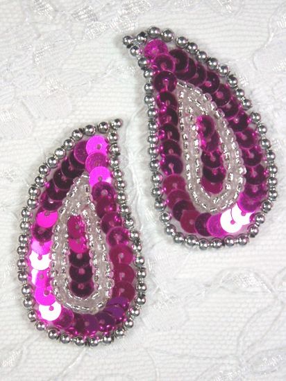 0345  Fuchsia / Silver Paisley  Mirror Pair Sequin Beaded Applique 2