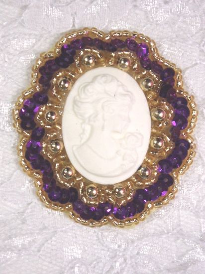 0347  Purple Gold / Ivory Victorian Cameo Sequin Beaded Applique Brooch  2