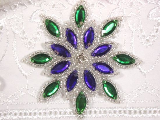 0348  Purple / Green Snowflake Jewel Beaded Applique 3