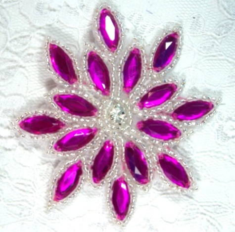 0348 Fuchsia Silver Snowflake Jewel Beaded Applique 3