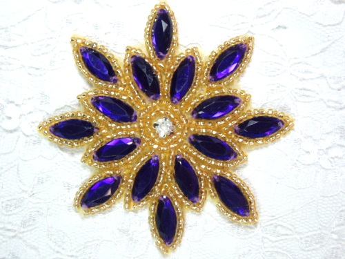0348 Purple Gold Snowflake Jewel Beaded Applique 3