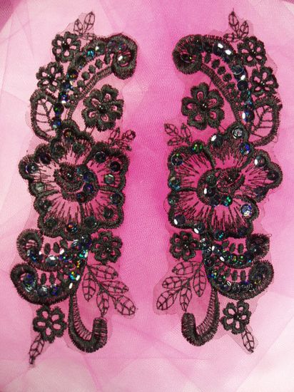 0350  Black Iris Venice Lace Mirror Pair Sequin Beaded Appliques 7