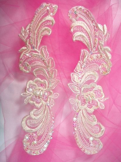 0352  Ivory Venice Lace Mirror Pair Sequin Beaded Appliques 10