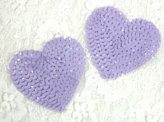 0360  Set of 2 Lavender Heart  Sequin Appliques 2-1/8