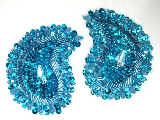 0361  Turquoise Paisley Mirror Pair Beaded Sequin Applique 3.25\