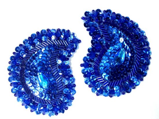 0361  Royal Blue Paisley Mirror Pair Beaded Sequin Applique 3.25\