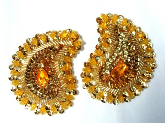 0361  Gold Paisley Mirror Pair Beaded Sequin Appliques 3.25\