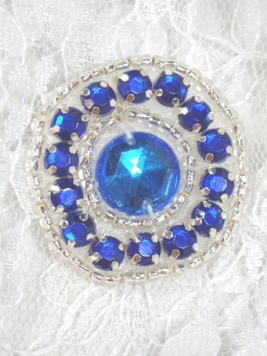 ACT/0379   Blue Silver Rhinestone Round Beaded Applique 1.25
