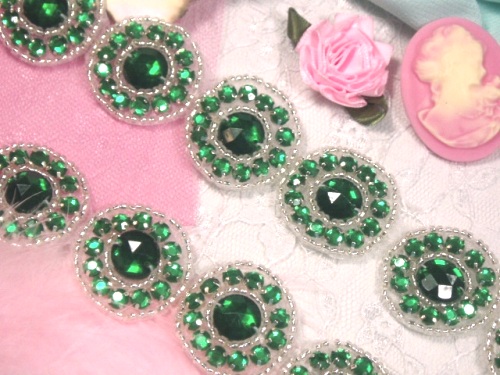0379  Green Silver Round Beaded Appliques or Trim 1.25