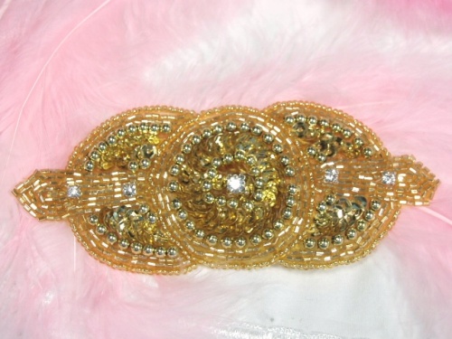 0391 Gold Rhinestone Triple Circle  Sequin Beaded Applique  5.5\