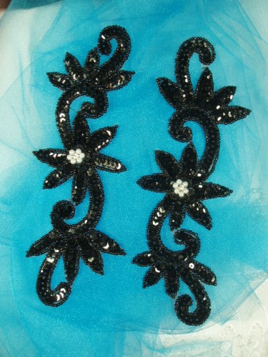 0405  Black Floral Mirror Pair Sequin Beaded Appliques