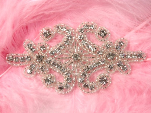 0413 Clear Rhinestone Beaded Hair Bow / Brooch / Applique 4