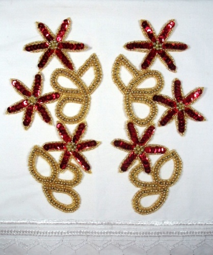 0416 Red Gold Floral Mirror Pair Sequin Beaded Appliques