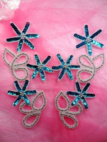 0416 Turquoise Sliver Floral Mirror Pair Sequin Beaded Appliques