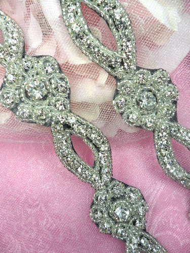 0429 Black Backing Crystal Clear Glass Rhinestone Silver Beaded Floral Trim