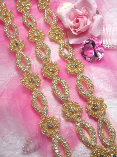 0429 Gold Beaded Clear Rhinestone Floral Trim