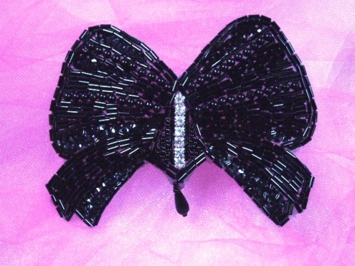 0432  Black Rhinestone Bow Beaded Applique 4.75