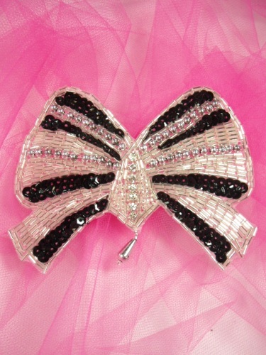 0432  Silver Black Rhinestone Bow Beaded Applique 4.75