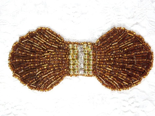 0434  Bronze Gold Rhinestone Bow Beaded Applique 4.5