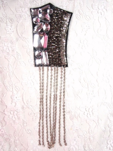 0445  Black Silver Chain Jewel Beaded Applique 8
