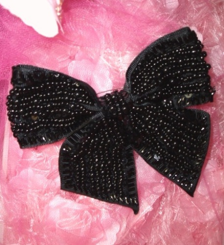0449  Black Bow Beaded Sequin Applique Pin Brooch 4.75