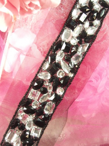 0459  Black Crystal Clear Jewel Rhinestone Beaded Trim 1.5