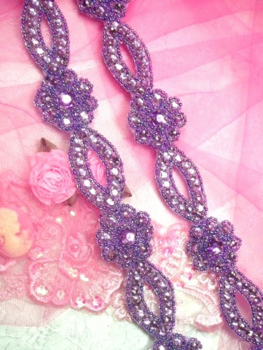 0474  Lavender Flower Rhinestone Jewel Floral Trim 1.25
