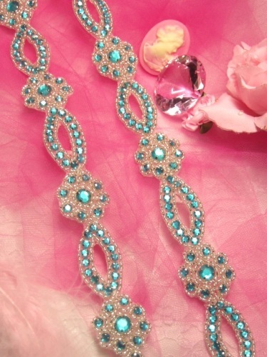 0474  Turquoise & Silver Rhinestone Jewel Floral Trim 1.25