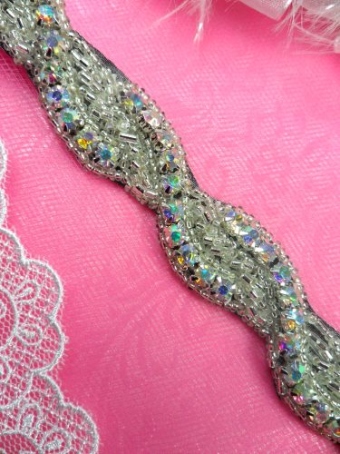 0475 Black Backing Crystal Aurora Borealis AB Rhinestone Braided Silver Beaded Trim .75