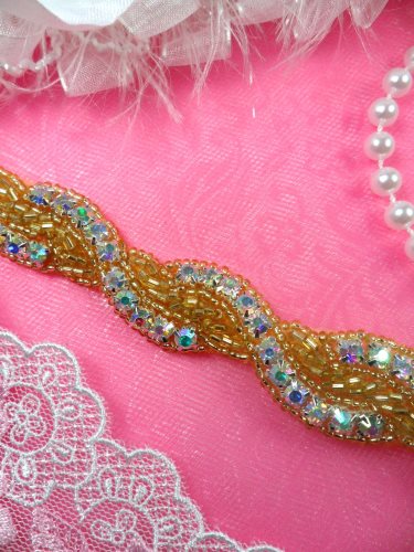 0475 Gold Backing Crystal Aurora Borealis AB Rhinestone Braided Gold Beaded Trim .75