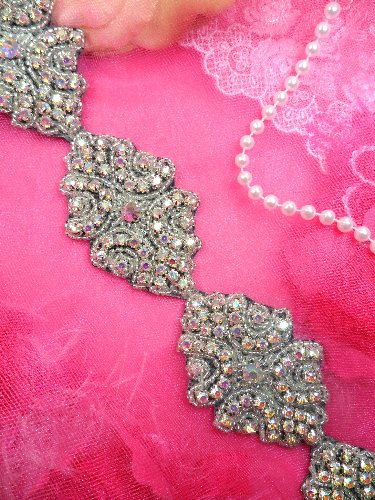 0477  Black Backing Cinderella  Aurora Borealis Crystal AB Rhinestone Beaded Trim 2