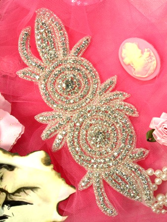 0485 Crystal Double Rose Floral Beaded Rhinestone Applique 7.5
