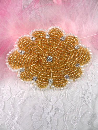0489 Gold Crystal Pearl Beaded Rhinestone Applique 3