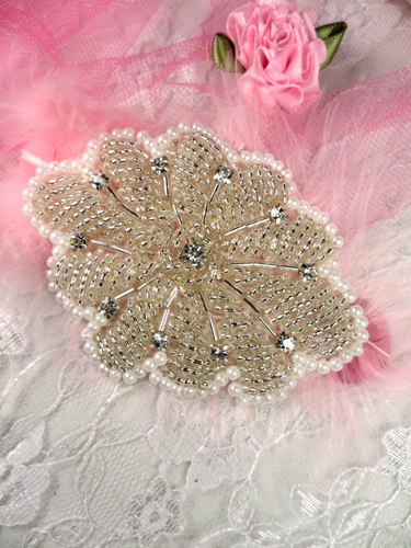 0489 Silver Crystal Pearl Beaded Rhinestone Applique 3