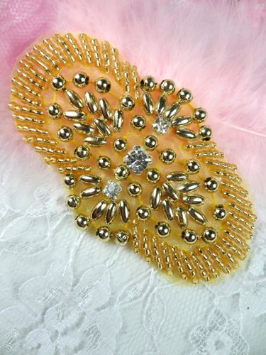 0490 Gold Crystal Beaded Rhinestone Applique 3\