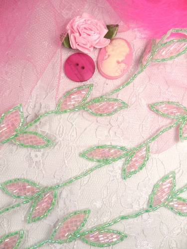 0493 Mint Green and Pink Crystal Leaf Vine Beaded Trim 1.25