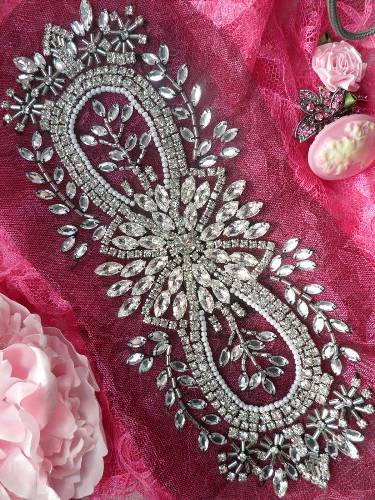 0498 Black Backing Crystal Clear Silver Beaded Rhinestone Applique 10.5\